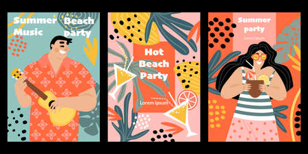 Set of vector banners or flyers for summer beach party with young woman with cocktail and man with...