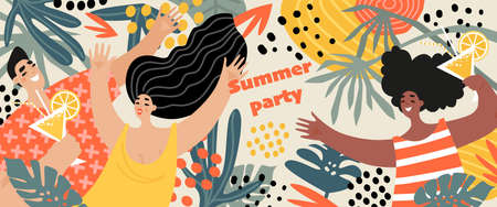 Vector summer party banner with cheerful young people drinking cocktails and dancing on the background of tropical plants. Cartoon characters in flat styleのイラスト素材