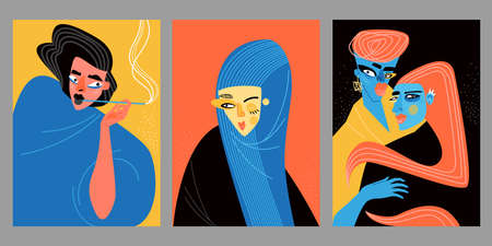 Set of vector illustrations with portraits of fashionable women in a modern style. Contemporary art imagesのイラスト素材