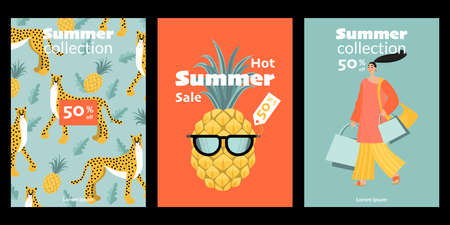 Set of vector summer sale invitation card or flyer templates with funny cartoon people, animals and...