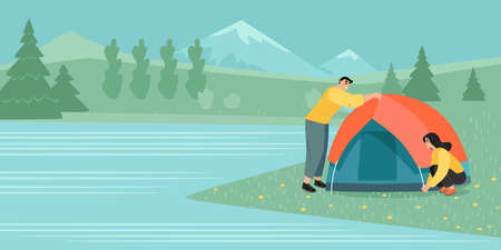 A young couple of tourists sets up a tent on the shore of a beautiful mountain lake. Vector illustration in cartoon styleのイラスト素材