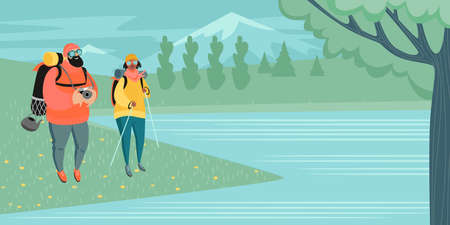 A couple of tourists with backpacks and a camera on the shore of a beautiful mountain lake. People are hiking. Vector illustration in cartoon styleのイラスト素材
