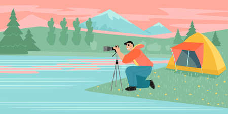 A young photographer sets up a camera on the shore of a beautiful mountain lake. Travel and hobby concept. Vector illustration in cartoon styleのイラスト素材