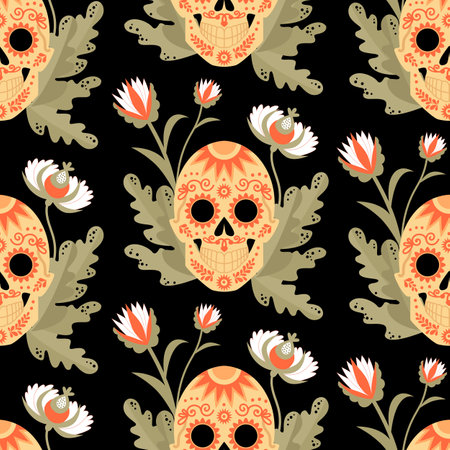 Day of the dead pattern with painted skulls and flowers on a black backgroundのイラスト素材