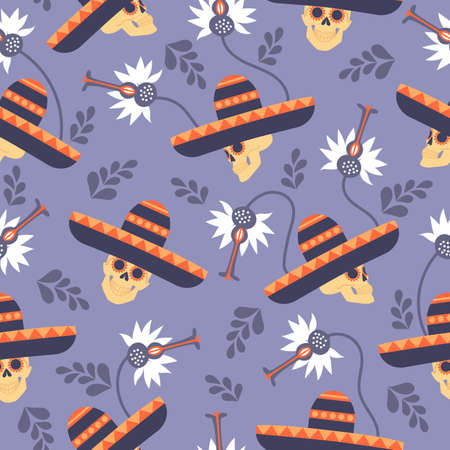 Day of the dead pattern with skulls in big hats and flowers on a blue backgroundのイラスト素材