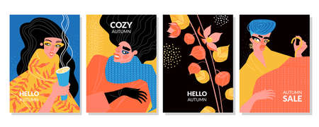Hello autumn set of vector illustrations for cards and flyers with girls in warm clothes. Seasonal...