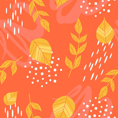Seamless pattern of yellow leaves and decorative elements on a red background. Autumn floral texture