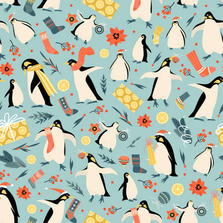 Christmas seamless pattern with funny penguins in Santa hats, gifts, socks. Cute texture in cartoon styleのイラスト素材