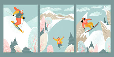 Illustrations of winter activities with characters skiing, skating and snowboarding against the backdrop of a mountain landscape. Lifestyle imagesのイラスト素材