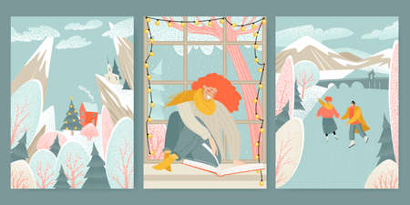 Hello winter. Set of cute illustrations with winter landscape, couple ice skating and girl reading a book. Lifestyle imagesのイラスト素材