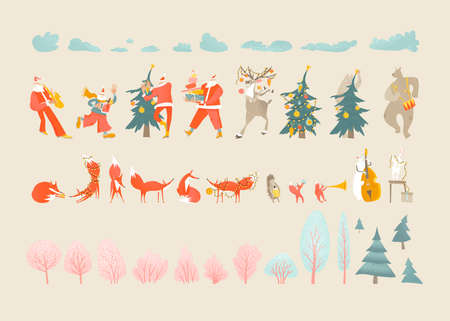 Set of isolated images for a Christmas party in the forest with funny characters and objects. Vector illustration constructorのイラスト素材