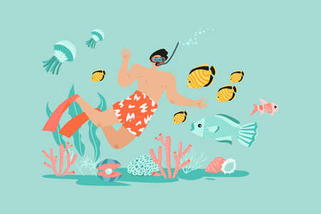 Vector illustration with funny diver, fishes, jellyfish and coral reef. Cartoon image of the underwater worldのイラスト素材