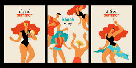 Summer beach party illustration set with cheerful young people in beachwear dancing and drinking cocktails. Illustration in retro colorsのイラスト素材