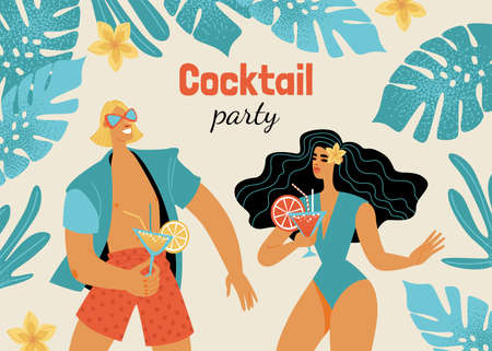 Illustration for cocktail party banner with young people in beachwear. Image in retro styleのイラスト素材