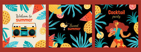 Illustration set for summer beach party banner with girl drinking cocktail, retro tape recorder and...
