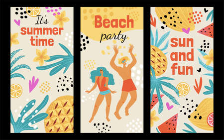 Set of vertical illustrations of a beach party with dancing young people and tropical plants. retro image.のイラスト素材