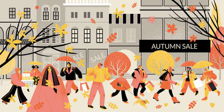 Vector illustration of autumn sale. Cityscape with people carrying boxes and shopping bags. Image in flat styleのイラスト素材