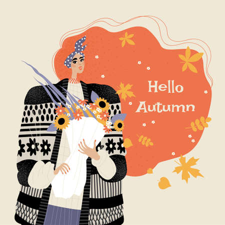 Hello autumn card with a cute girl with a bouquet of autumn flowers and leaves. Illustration in cartoon styleのイラスト素材