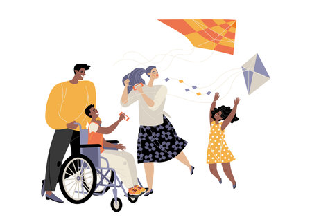 Cute family with son in wheelchair flying kites. Active life of people with disabilitiesのイラスト素材
