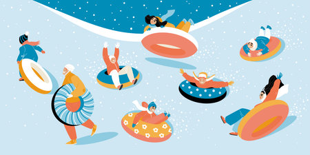 Children on a snow tubing slide down a hillside during a snowfall. Happy kids actively spend time on winter holidays. flat vector illustrationのイラスト素材