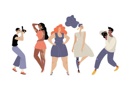 beauty diversity concept. Women with different skin colors, body shapes and a girl with a prosthetic...