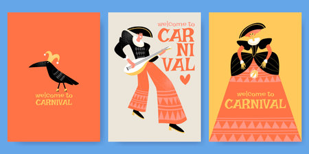 A set of invitation cards for the carnival with funny characters in fancy dress and a crow in a cap. Collection of cartoon illustrations in flat styleのイラスト素材