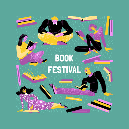 Book festival banner template with people reading books on lawn.Book event. Life style illustration with cartoon characters in flat styleのイラスト素材