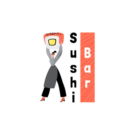 Sushi bar concept. The girl is holding a big roll. cartoon illustration in flat styleのイラスト素材