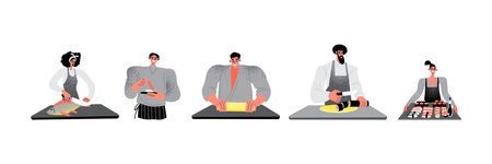 Men and women cut fish, prepare sushi and rolls. Sushi Chef. Set of vector isolated cartoon illustrations in flat styleのイラスト素材