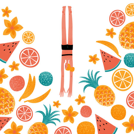 A girl in a swimsuit dives into tropical fruits. Sweet summer concept illustration. cartoon image in flat styleのイラスト素材