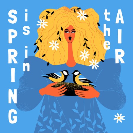 Spring is in the air illustration with a cute girl with a nest of tits in her hands and flowers in her hair. Image in flat styleのイラスト素材
