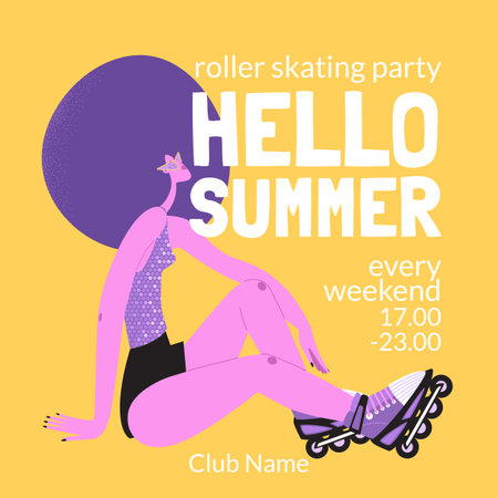 Roller skating party vector invitation banner. Cute girl on roller skates. flat imageのイラスト素材