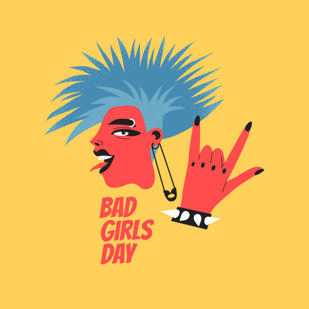 Bad girls day. Portrait of a young woman with punk rock hairstyle and jewelry. flat style illustrationのイラスト素材