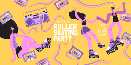 Roller skating party banner with cute characters, tape recorder and cassettes. Entertainment retro style. Invitation template.のイラスト素材