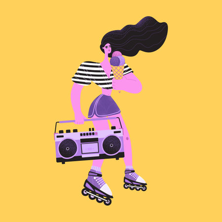 Cute girl on roller skates with ice cream and tape recorder. Entertainment retro style. Lifestyle illustration with funny cartoon characterのイラスト素材
