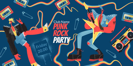 Punk rock party banner template. Vector illustration with funny guitarist and girl characters in flat styleのイラスト素材