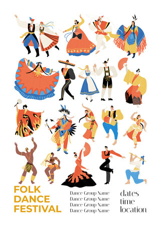 Folk dance festival poster with collection of people in traditional costumes from different countries. Ethnic and cultural diversity. Set of isolated characters in flat styleのイラスト素材