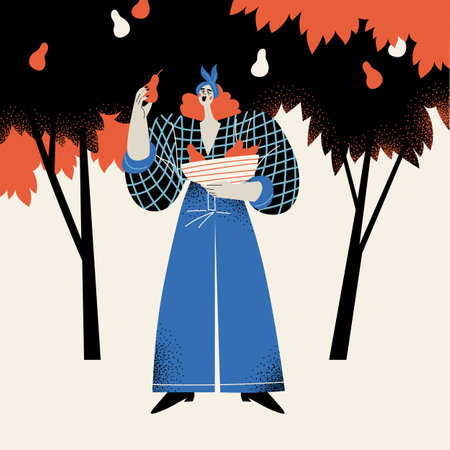 A woman picks pears in the garden. harvest time. flat style illustrationのイラスト素材