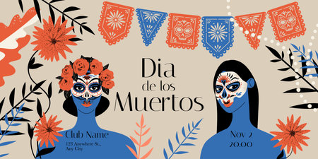 Banner for mexican day of the dead with girls with carnival masks, flowers and garland. Vector illustration in flat styleのイラスト素材