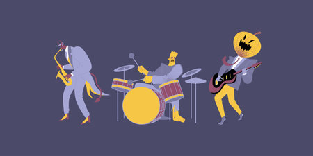 Zombie, devil and pumpkin playing musical instruments. Halloween Illustration. cartoon characters in flat styleのイラスト素材