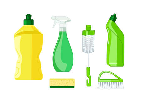 Cleaning service concept. Yellow, green cleaning products. Isolate on a white backgroundのイラスト素材