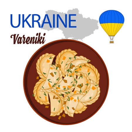 National Ukrainian food, dumplings. stuffed dough. Decoration for the menu. vector image.のイラスト素材