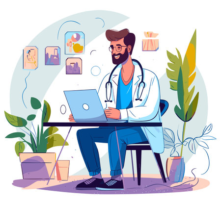 Illustrate a doctor having a video call with his patient on a laptop.のイラスト素材