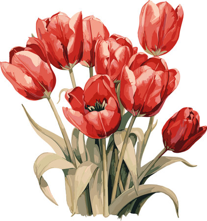 Bring nature to your work with our brunch of beautiful tulips vector art. A fresh pick for beautiful flora in vintage style.のイラスト素材