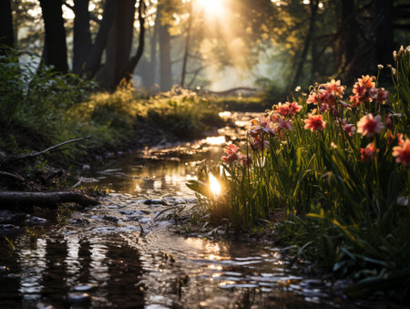 Sunset in the spring forest with daffodils and a streamの素材