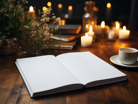 Open book with blank pages and candles on wooden table, closeupの素材
