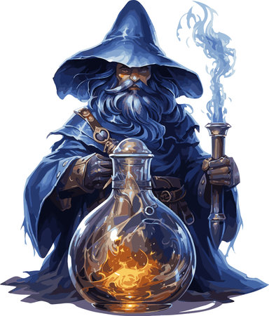 Enchanting halloween vector art. Smart wizard brewing magic potion.のイラスト素材
