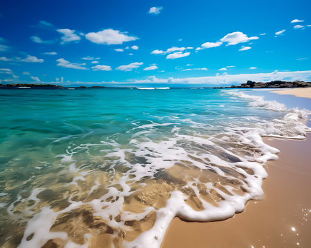 Experience the serene beauty of an AI generated beach scene. A pristine beach under a clear blue sky, perfectly crafted by artificial intelligence. Dive into the tranquility.の素材