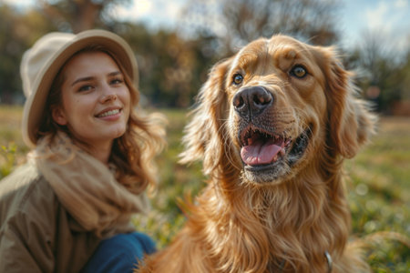 Smiling young woman in a stylish hat enjoys a sunny day outdoors with her joyful golden retriever dog in the park.の素材