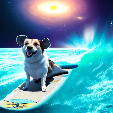 Funny dog on surfboard in the ocean. 3D renderingの素材